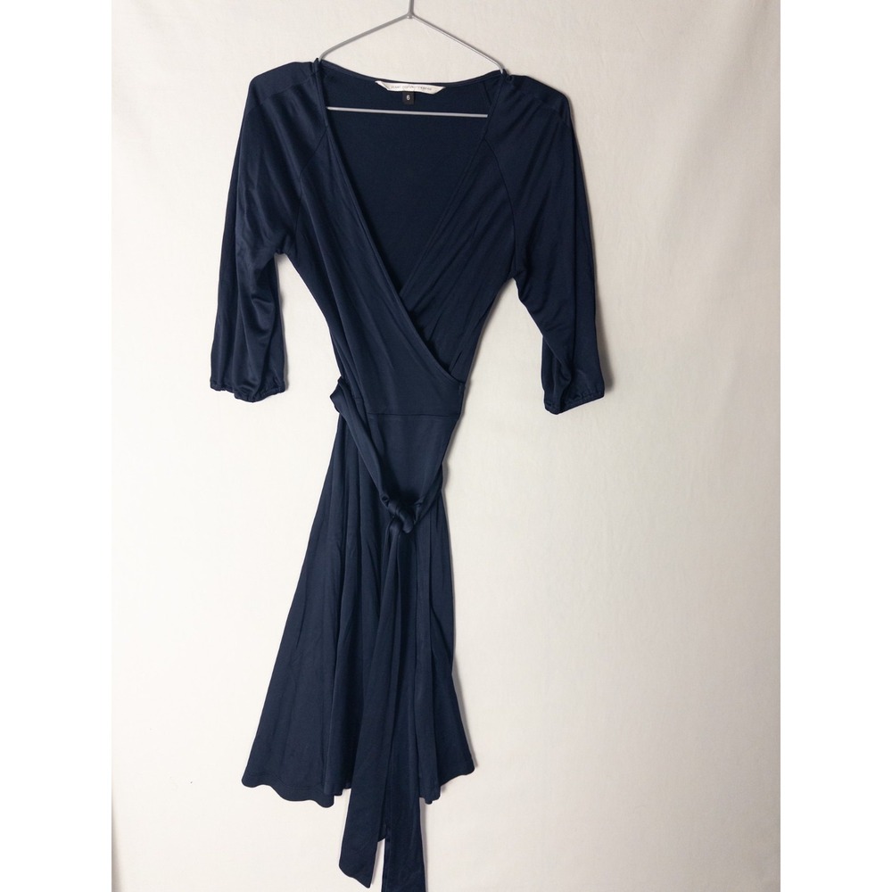 Diane‎ Von Furstenberg Cocktail Dress Womens 4 Blue Sateen Wrap V Neck Ruffle